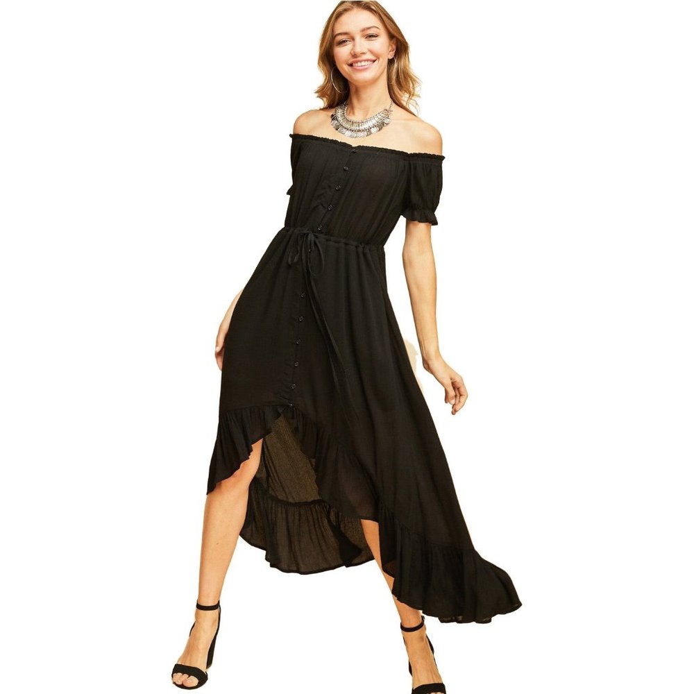 Entro Off the Shoulder High Low Dress, Black